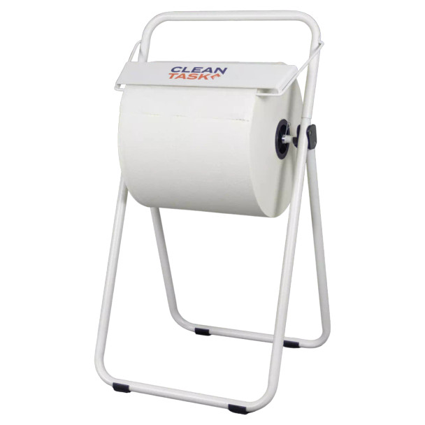 Clean Task Jumbo Roll Dispenser Floor Stand holding a jumbo roll of industrial wipers