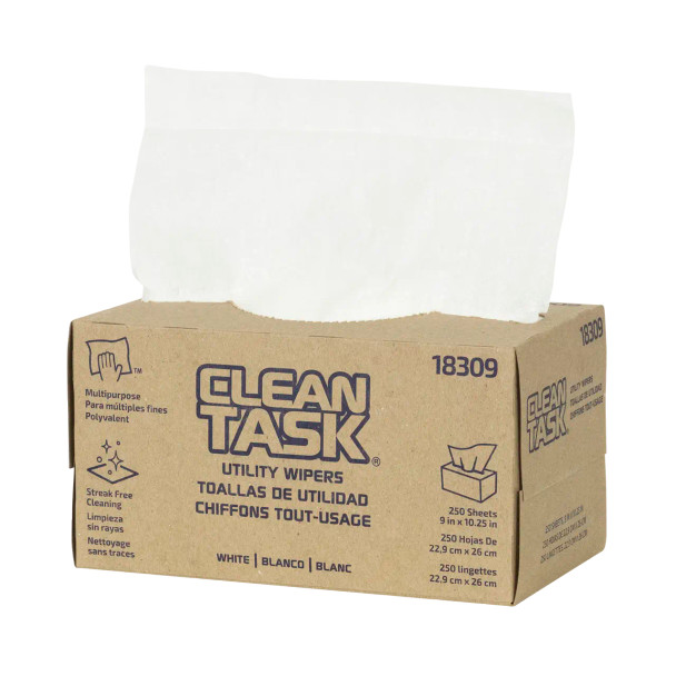 Clean Task Utility Wipers white Pop-Up Box opened with 250 light-duty disposable wipers visible