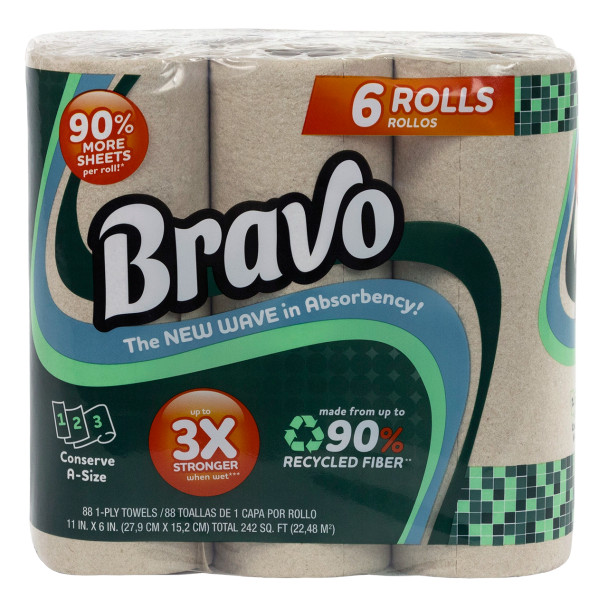 Eco-friendly 6-pack of Bravo Kitchen Paper Towels 6-pack, natural, 528 total sheets, front package view