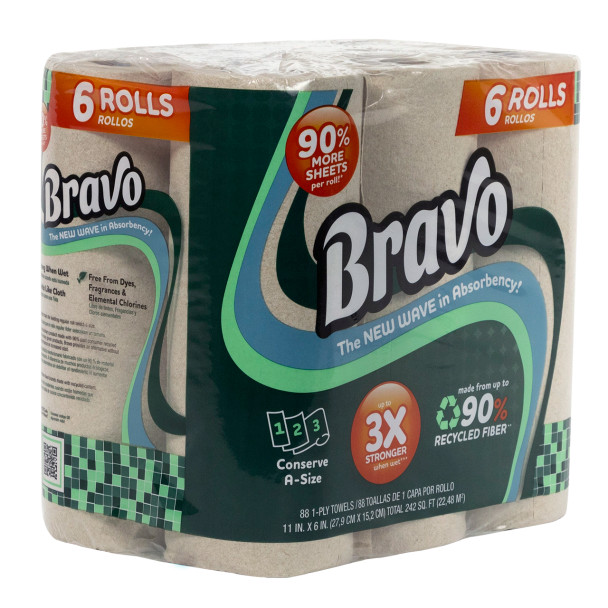 Bravo Kitchen Paper Towels 6-pack containing six natural paper towel rolls with 528 total sheets