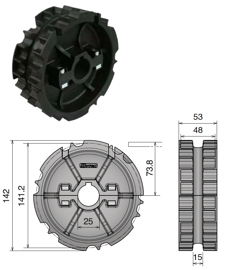 Molded Split Drive Sprocket For Chain 820/831, 23T, Ø25 Bored