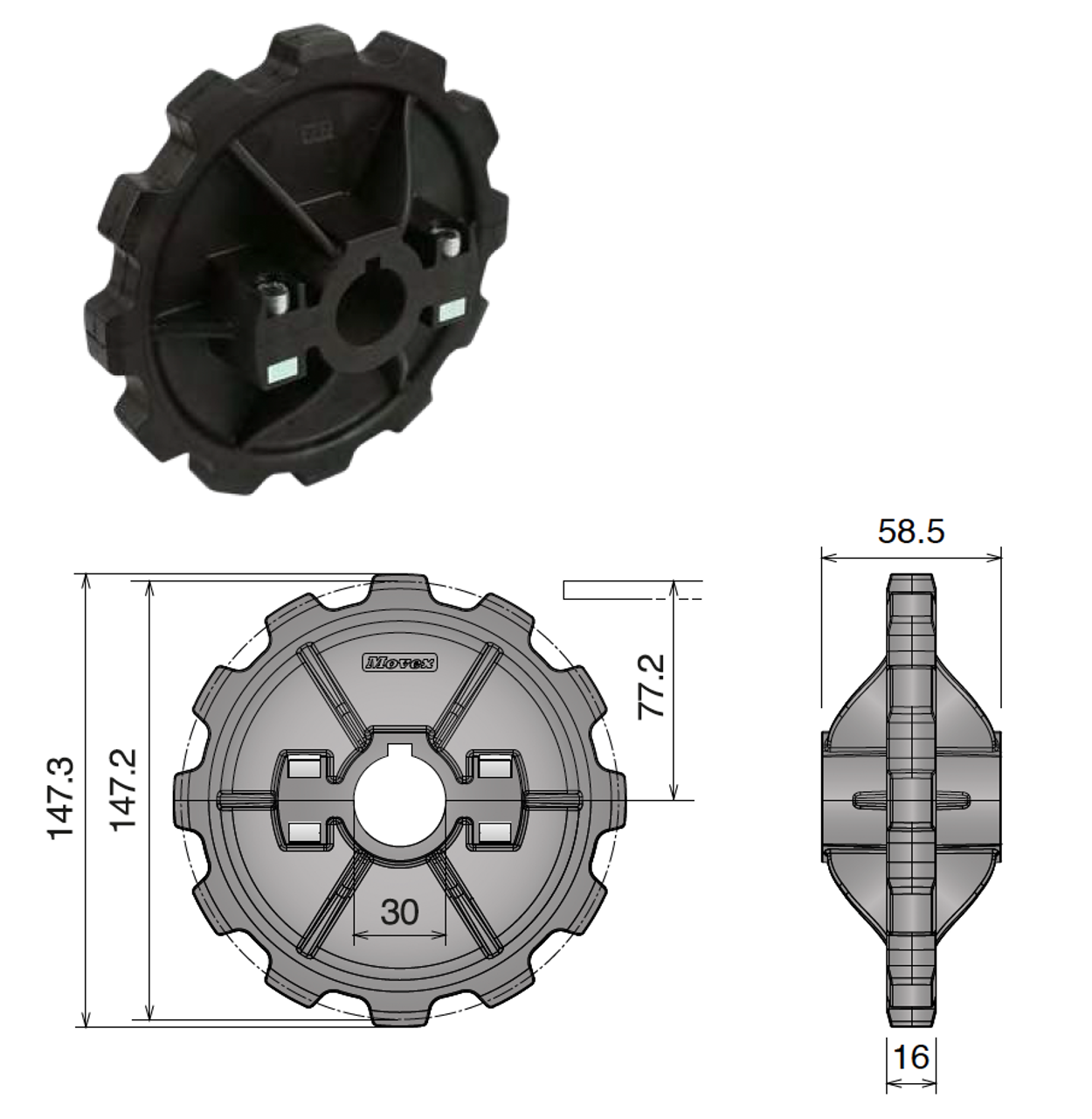 Molded Split Drive Sprocket For Chain 880, 12T, Ø30 Bored & Keyed