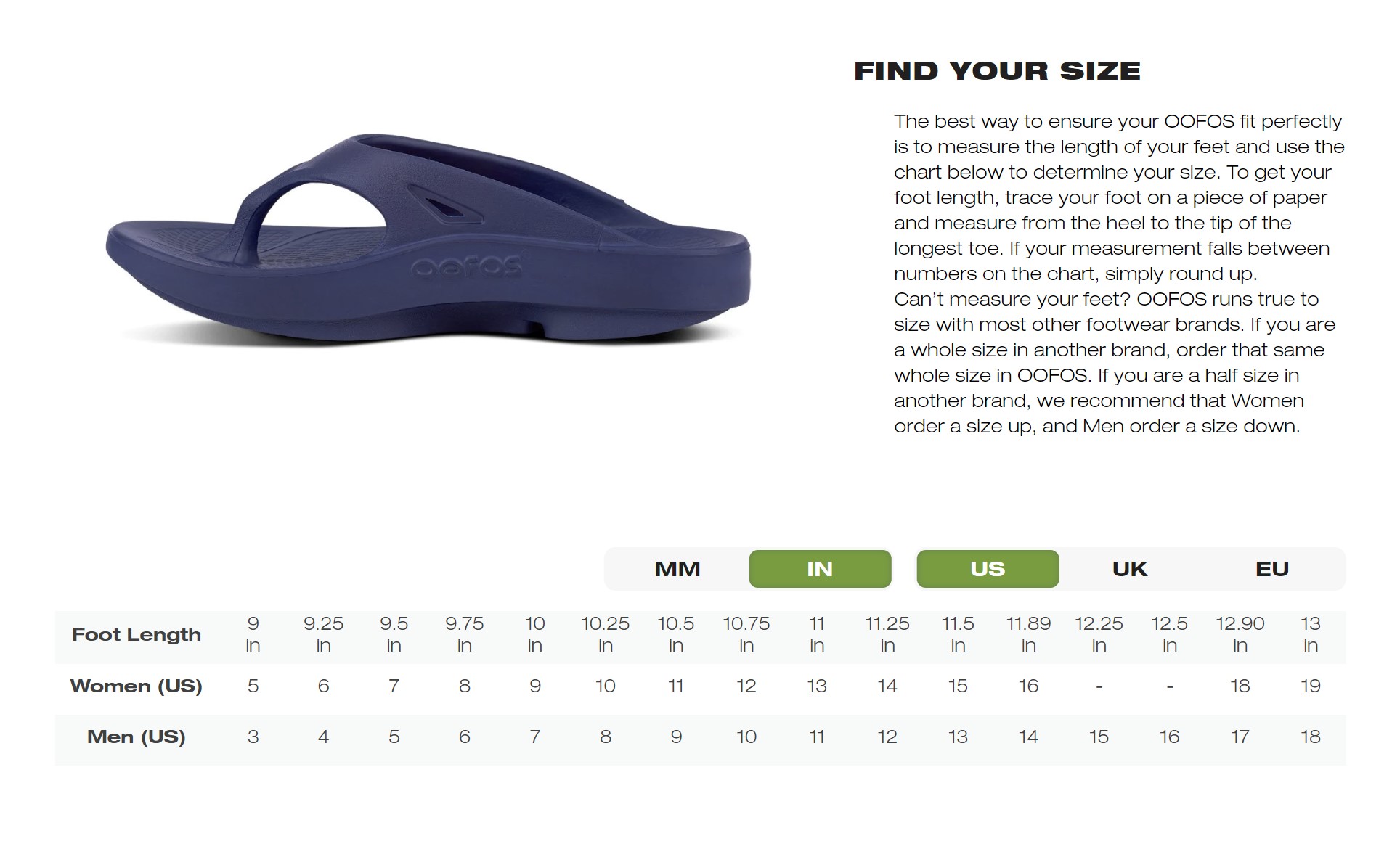 oofos size chart