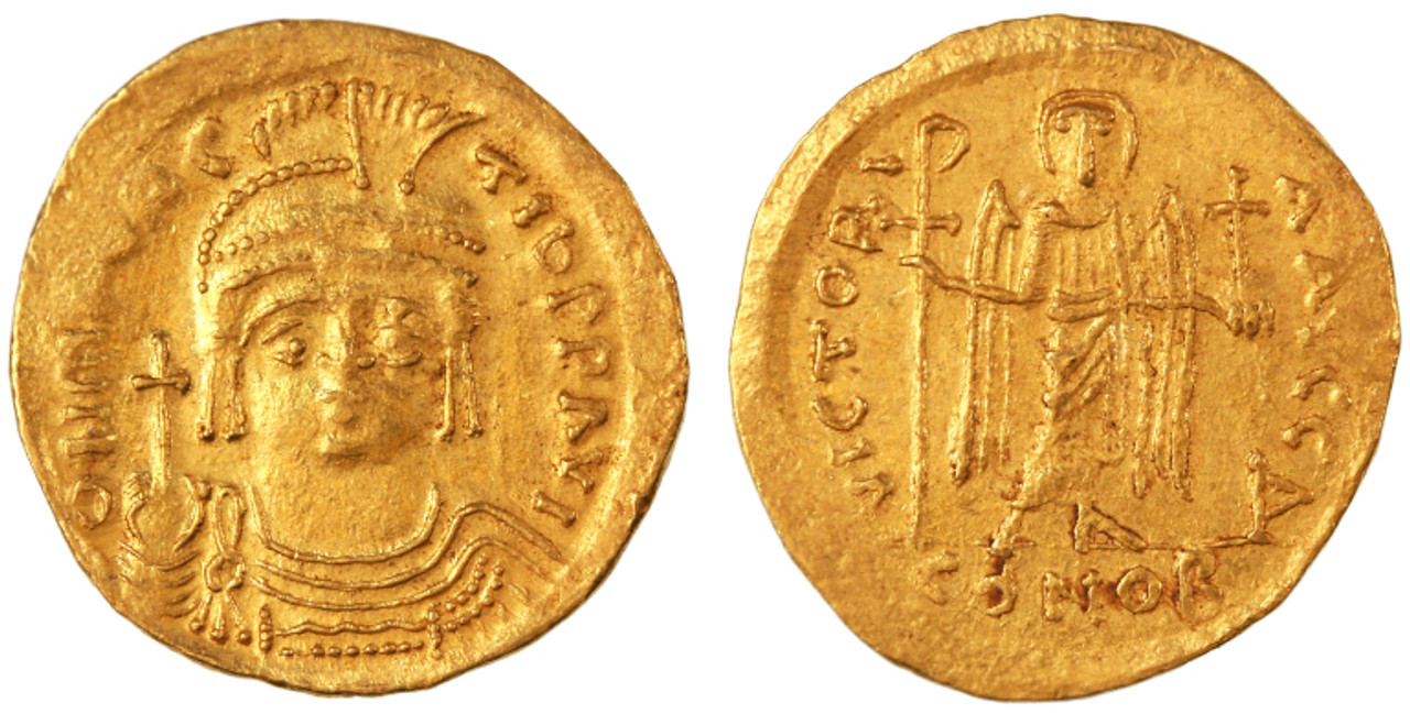 Maurice Tiberius AV Gold Solidus, AEF, 582 - 601 C.E.