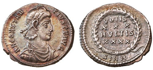Constantius II AR Siliqua, VF+, Enchanting patina, 351 - 355 C.E. Constantius II AR Siliqua, VF+, Enchanting patina, 351 - 355 C.E.