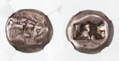Greek, Kings of Lydia, Kroisos AR Half-Stater / Siglos NGC Encapsulated 560 - 521 B.C.E. Greek, Kings of Lydia, Kroisos AR Half-Stater / Siglos NGC Encapsulated 560 - 521 B.C.E.