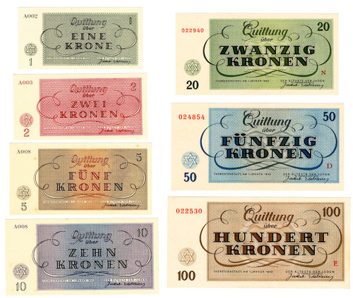 WWII - Theresienstadt Ghetto / Labor Camp, COMPLETE set of 7 Currency Bills