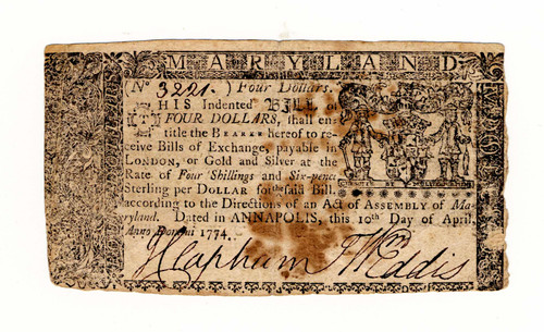 Colonial Note - Maryland Four Dollars,  April 10, 1774