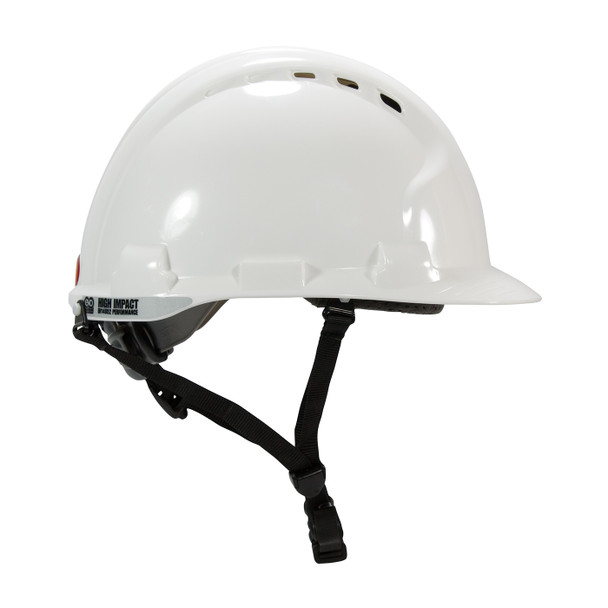 PIP MK8 Evolution Vented Type II Linesman Safety Helmet with HDPE Shell, EPS Impact Liner, Polyester Suspension, Wheel Ratchet Adjustment and 4-Point Chin Strap, White, Side View