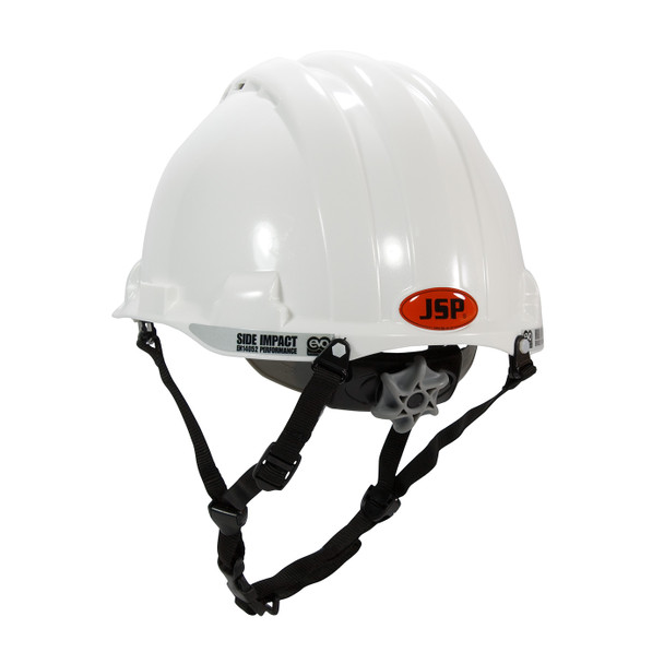 PIP MK8 Evolution Vented Type II Linesman Safety Helmet with HDPE Shell, EPS Impact Liner, Polyester Suspension, Wheel Ratchet Adjustment and 4-Point Chin Strap, White, Back and Side View