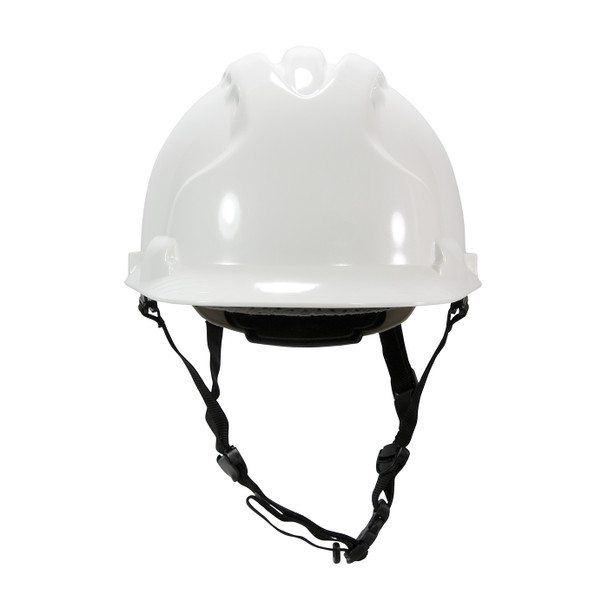 PIP MK8 Evolution Vented Type II Linesman Safety Helmet with HDPE Shell, EPS Impact Liner, Polyester Suspension, Wheel Ratchet Adjustment and 4-Point Chin Strap, White, Front View
