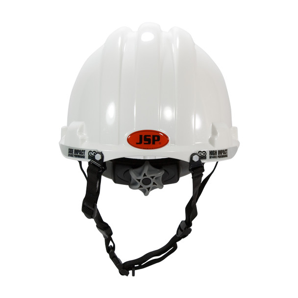 PIP MK8 Evolution Vented Type II Linesman Safety Helmet with HDPE Shell, EPS Impact Liner, Polyester Suspension, Wheel Ratchet Adjustment and 4-Point Chin Strap, White, Back View