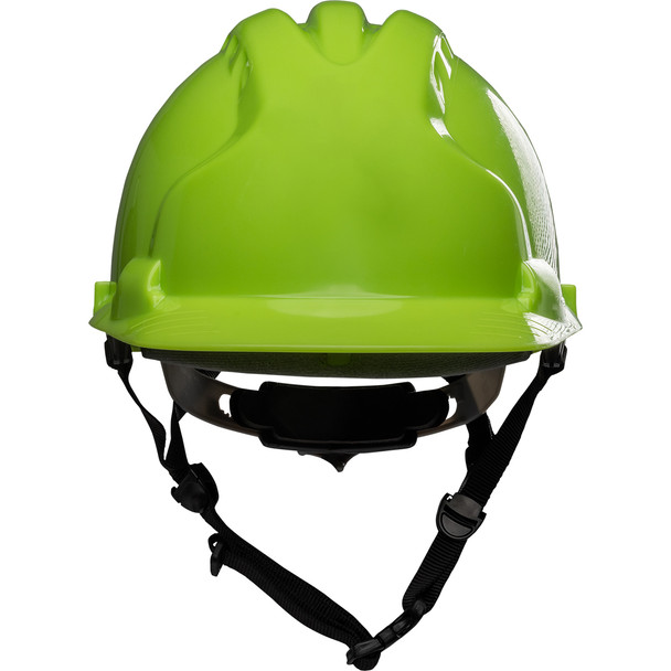 PIP MK8 Evolution Vented Type II Linesman Safety Helmet with HDPE Shell, EPS Impact Liner, Polyester Suspension, Wheel Ratchet Adjustment and 4-Point Chin Strap, Neon Yellow, Front View