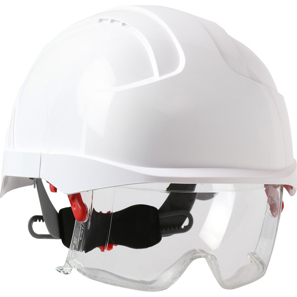 PIP EVO® VISTAlens™ Type I Non-vented Industrial Safety Helmet with Lightweight ABS Shell, Integrated ANSI Z87.1 Eye Protection, 6-Point Polyester Suspension, and Wheel Ratchet Adjustment, White
