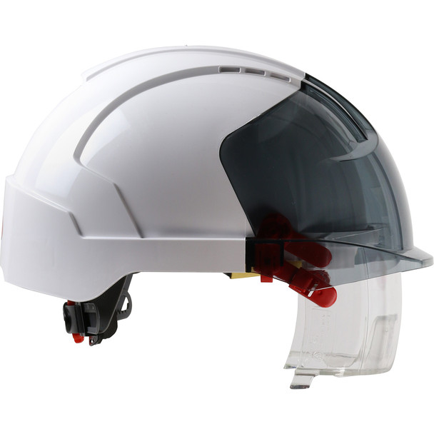 PIP EVO® VISTAlens™ Type I Non-vented Industrial Safety Helmet with Lightweight ABS Shell, Integrated ANSI Z87.1 Eye Protection, 6-Point Polyester Suspension, and Wheel Ratchet Adjustment, White- Smoke,