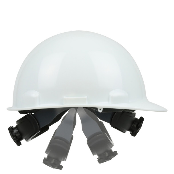 PIP Dom™ Cap Style Smooth Dome Hard Hat with HDPE Shell, 4-Point Textile Suspension, and Swing Wheel Ratchet Adjustment, White, Side Straps View