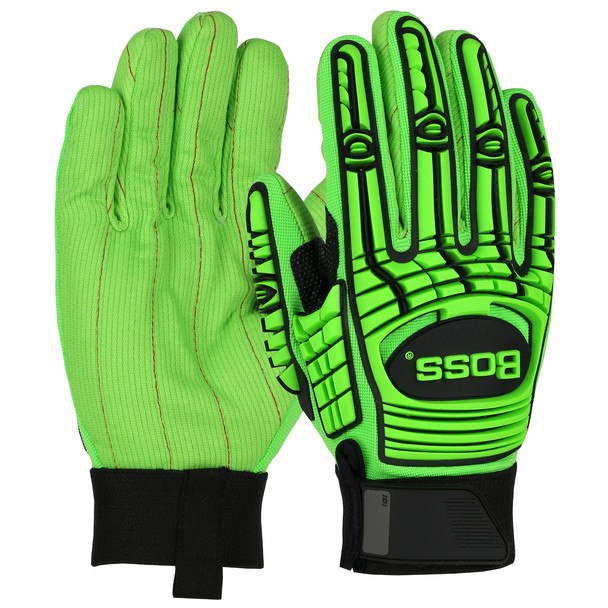 PIP Boss® Green Glove with Corded Cotton Palm, Spandex Back, and TPR Impact Protection, Green, 6 Pairs