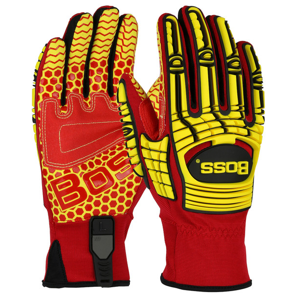 PIP Boss® Glove with Synthetic Leather Palm, Red Silicone Grip, Spandex Back, and TPR Impact Protection, Red, 6 Pairs