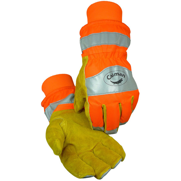 PIP Caiman® Premium Split Cowhide Leather Palm Gloves 1353, Hi-Vis Water-Resistant Fabric Back, Heatrac® Insulation, 6 Pairs