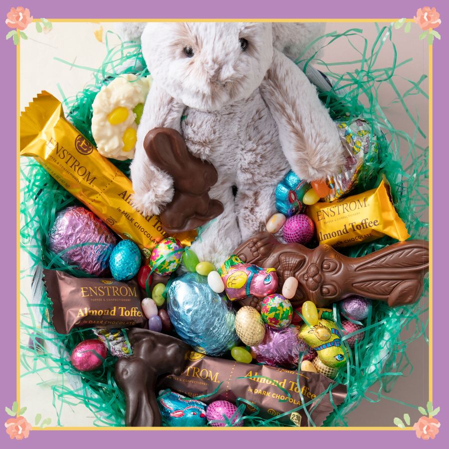 Enstrom Easter Basket with Almond Toffee, Chocolate Eggs, Jelly Beans, and Bunny Plush.