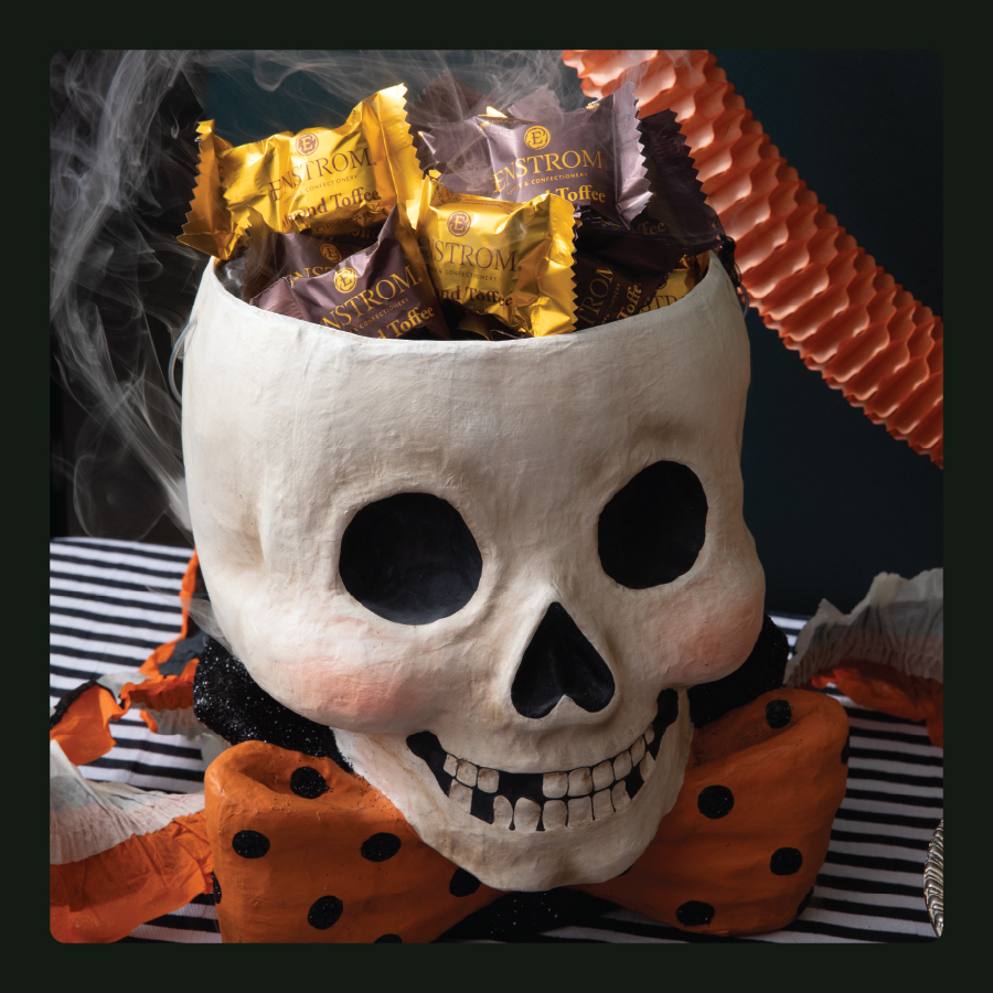 Individually-Wrapped Almond Toffee Petites in Skull. SKULL NOT INCLUDED.