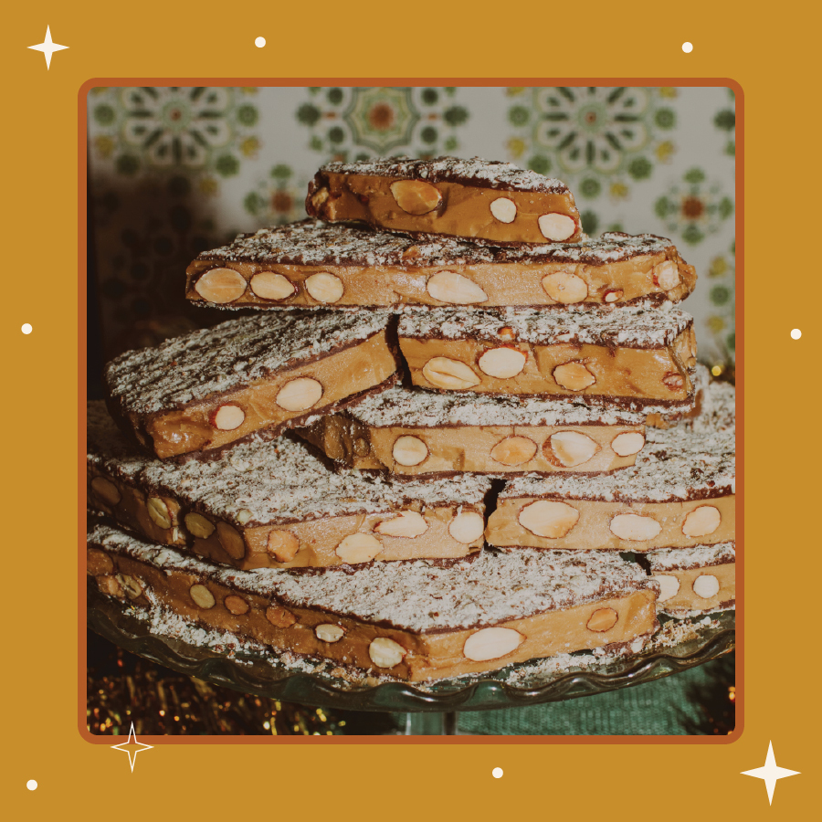 Milk Chocolate Almond Toffee on Cake Stand and Halloween Decor
