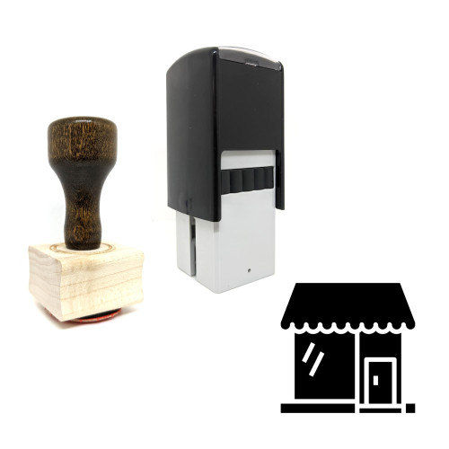"Shop" rubber stamp with 3 sample imprints of the image