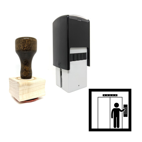 "Man Pressing Button Inside Elevator" rubber stamp with 3 sample imprints of the image