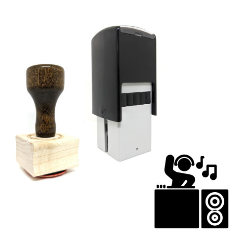 "Disk Jockey" rubber stamp with 3 sample imprints of the image