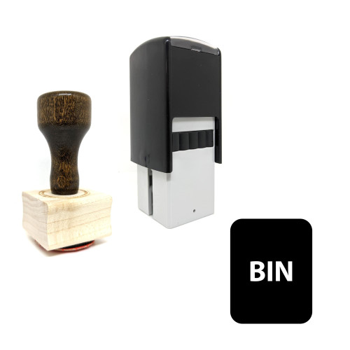 "Bin" rubber stamp with 3 sample imprints of the image