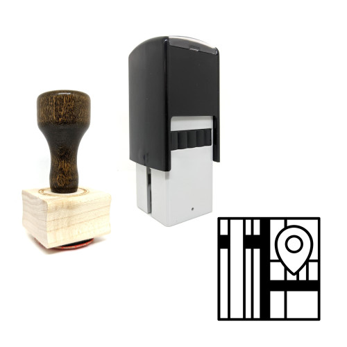 "Map" rubber stamp with 3 sample imprints of the image