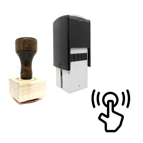 "Press Button" rubber stamp with 3 sample imprints of the image
