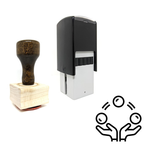 "Juggle" rubber stamp with 3 sample imprints of the image
