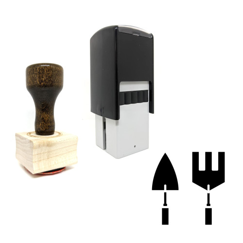 "Shovel And Fork" rubber stamp with 3 sample imprints of the image