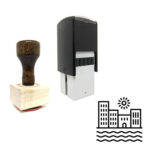 "Coastal Town" rubber stamp with 3 sample imprints of the image