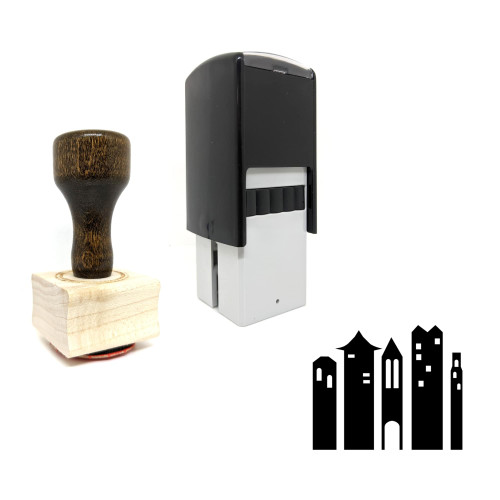 "Buildings" rubber stamp with 3 sample imprints of the image