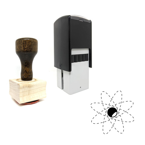 "Atom" rubber stamp with 3 sample imprints of the image