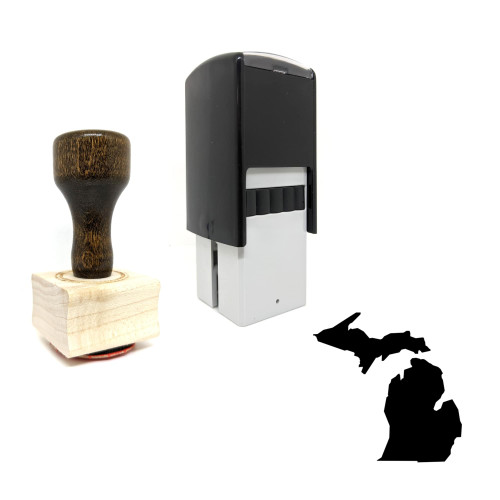 "Michigan" rubber stamp with 3 sample imprints of the image