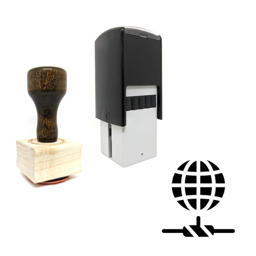 "World" rubber stamp with 3 sample imprints of the image