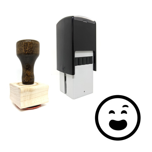 "Grinning Face With Smiling Eyes And Eyebrow Up" rubber stamp with 3 sample imprints of the image
