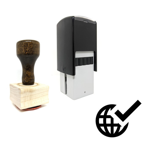 "Globe Check Mark" rubber stamp with 3 sample imprints of the image