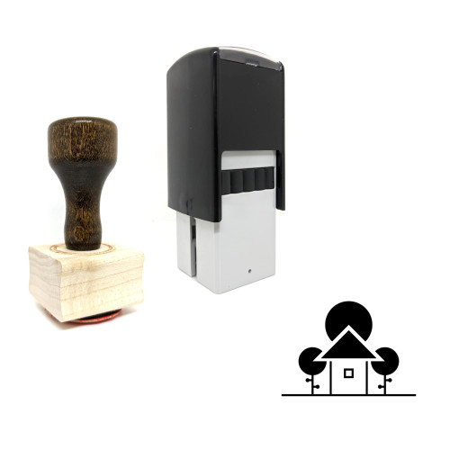 "House" rubber stamp with 3 sample imprints of the image