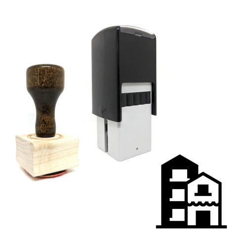 "Buildings" rubber stamp with 3 sample imprints of the image