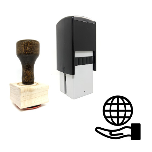 "Globe On Hand" rubber stamp with 3 sample imprints of the image