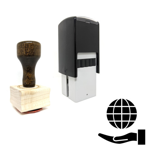 "Globe On Hand" rubber stamp with 3 sample imprints of the image