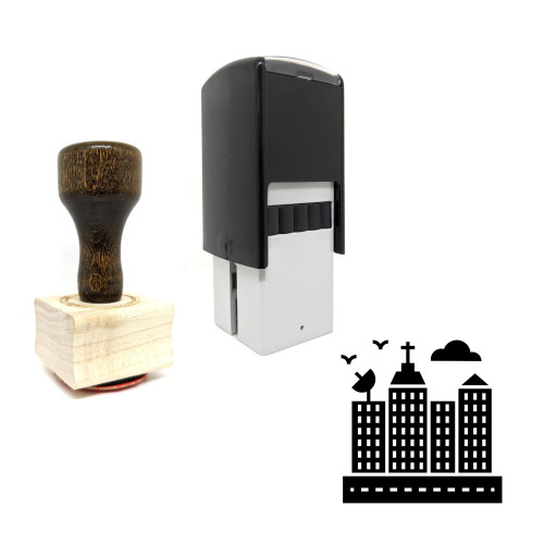 "Cityscape" rubber stamp with 3 sample imprints of the image