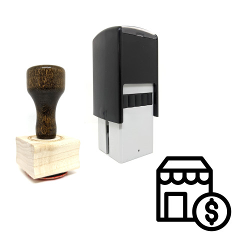 "Shop" rubber stamp with 3 sample imprints of the image