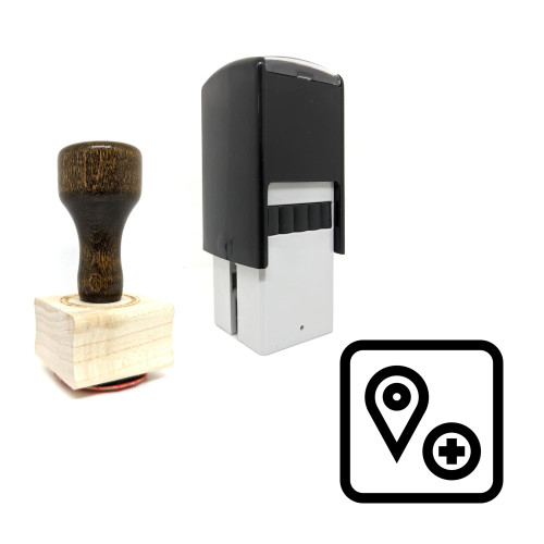 "Map Pin Add" rubber stamp with 3 sample imprints of the image