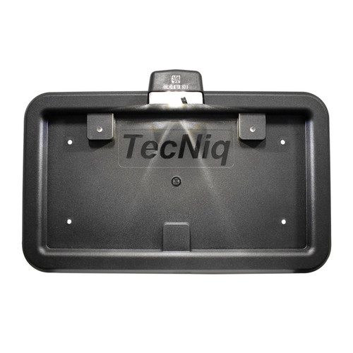 High-resolution image of the Tecniq L31-WB00-1 License Plate Frame with Integrated LED Light, showcasing its black polypropylene construction and integrated LED light.