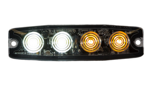 Close-up image of the slim 4.5″ amber and clear LED strobe light, showing its ultra-thin body, surface-mount design, and bright LED array.